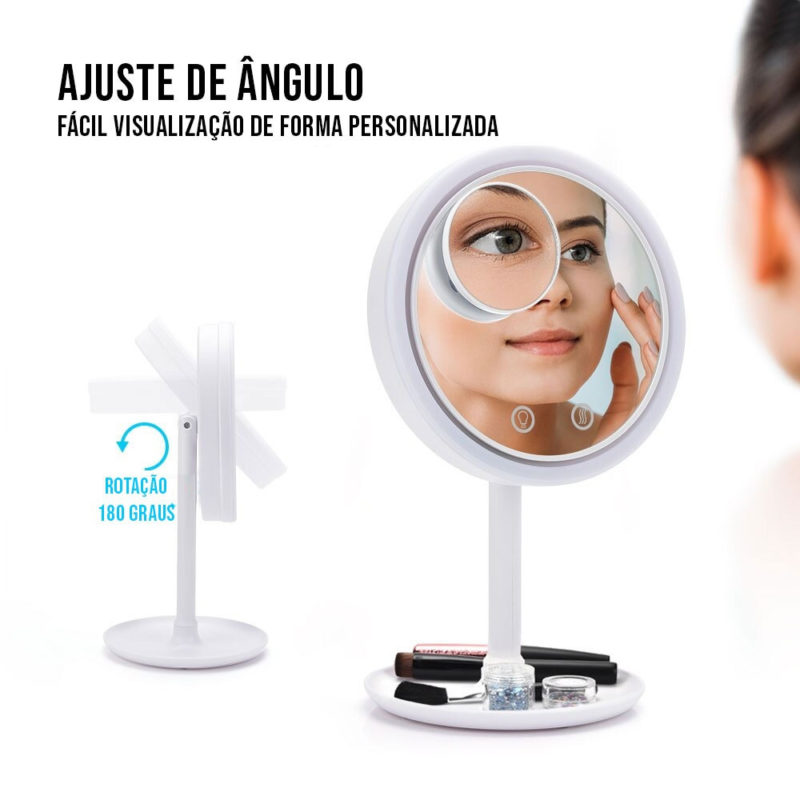 Espelho de Maquiagem com LED e Ventilador e Mini Espelho de Aumento