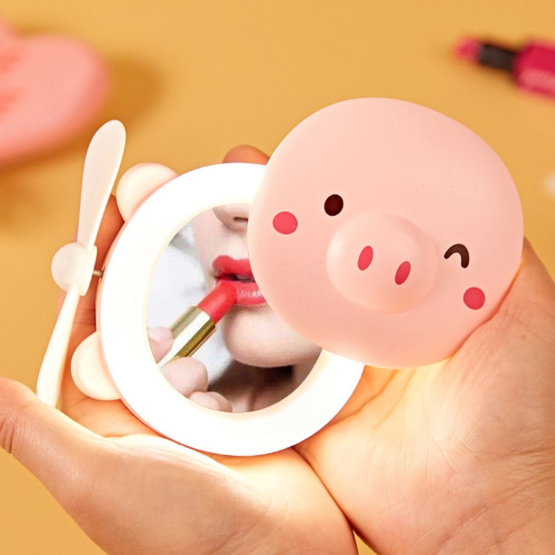 Espelho Maquiagem Led Portátil Porquinho com Mini Ventilador Rosa