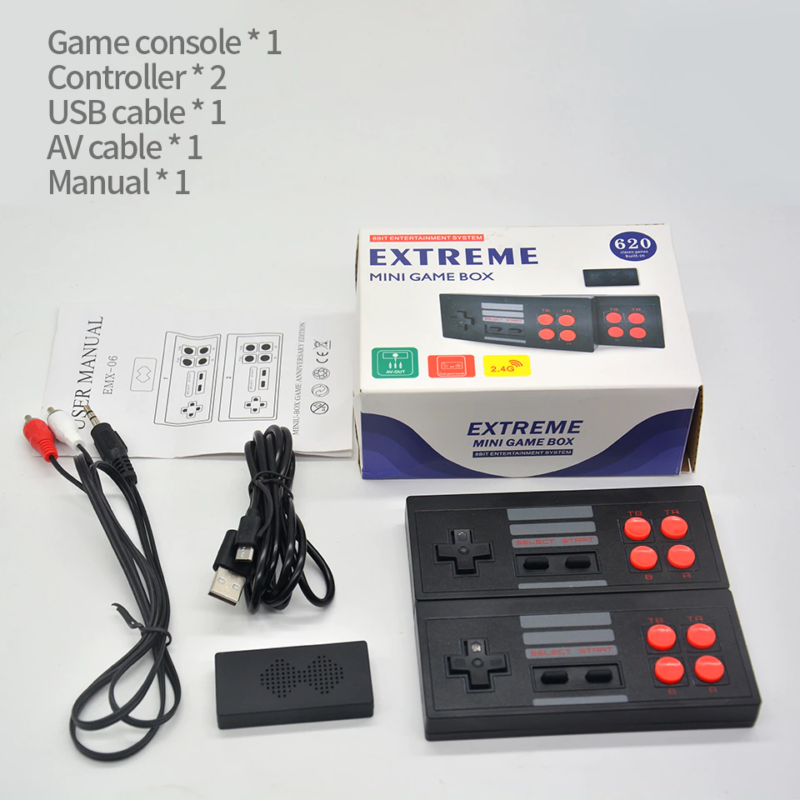 Extreme Mini Videogame Box Stick com 620 Jogos 8-Bits + 2 Controles Sem Fio